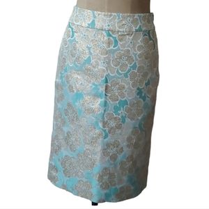 BANANA REPUBLIC Aqua/ Gold Metallic Silk floral brocade Pencil Skirt siz…